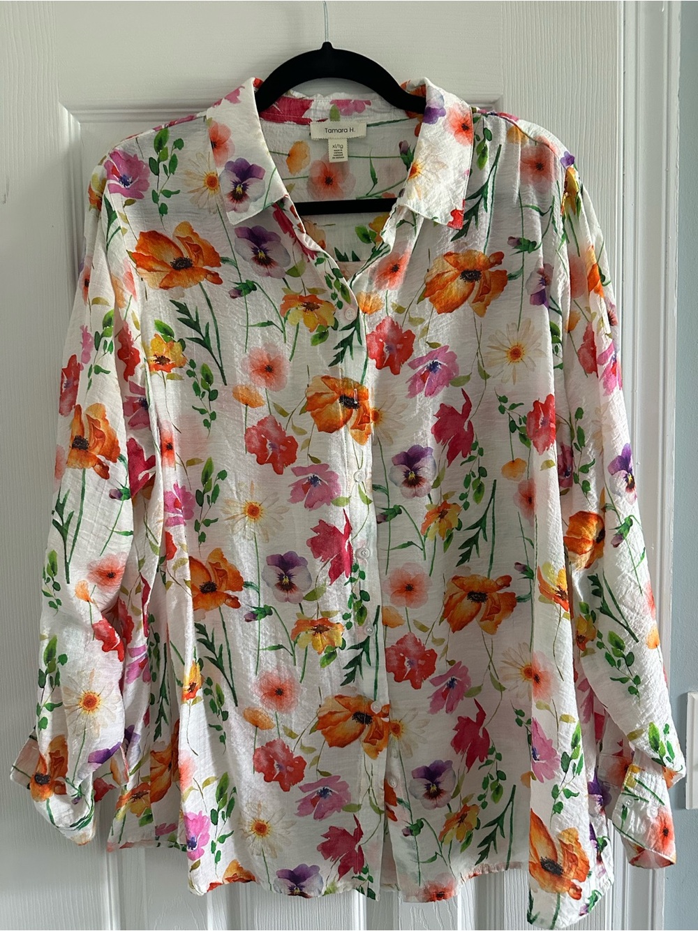 Women’s Floral Button-Front Blouse — White with Orange, Pink & Purple Flowers